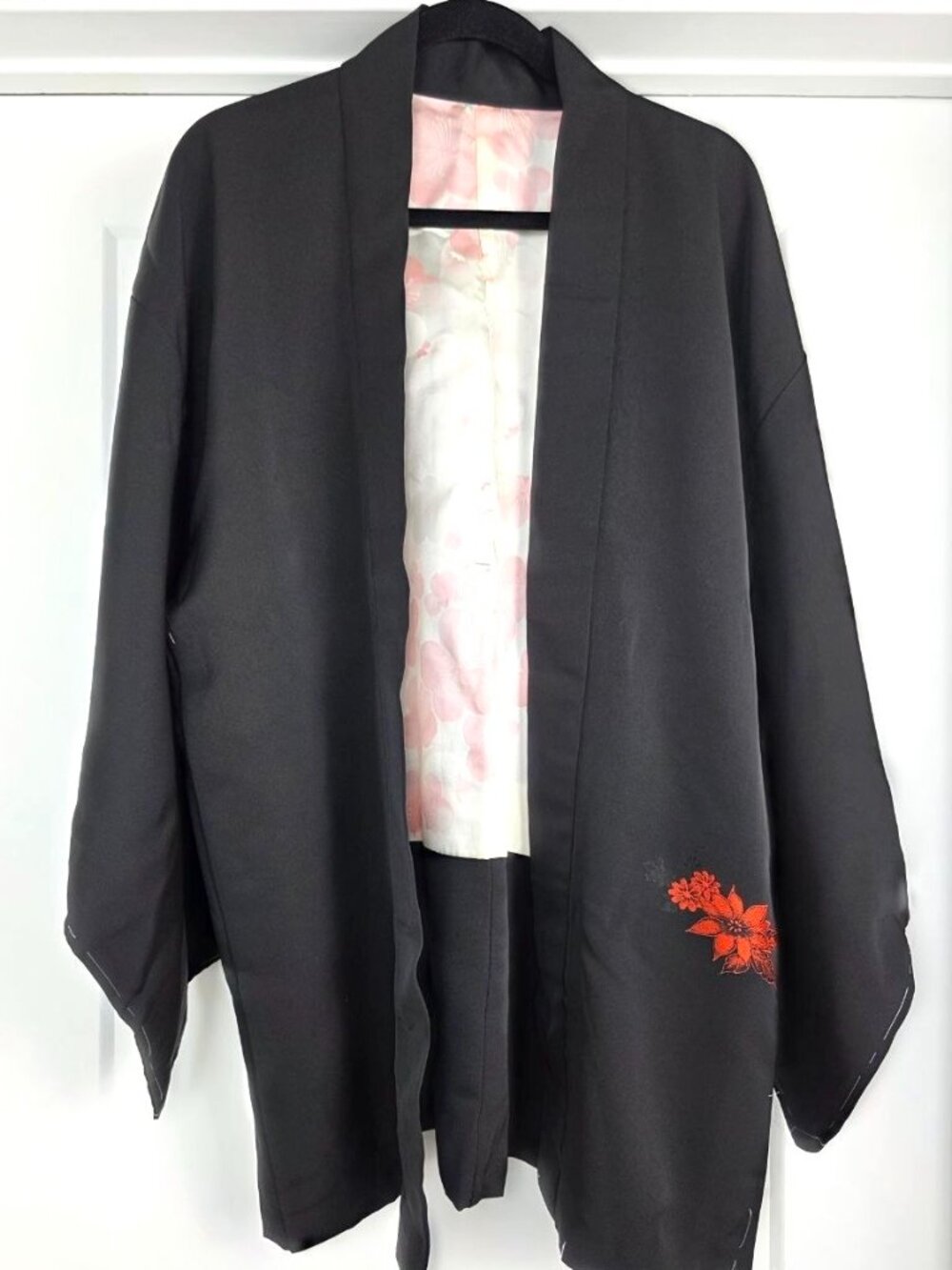 Vintage Japanese Silk Haori Kimono Jacket Black Red Floral Embroidery Silk Lined